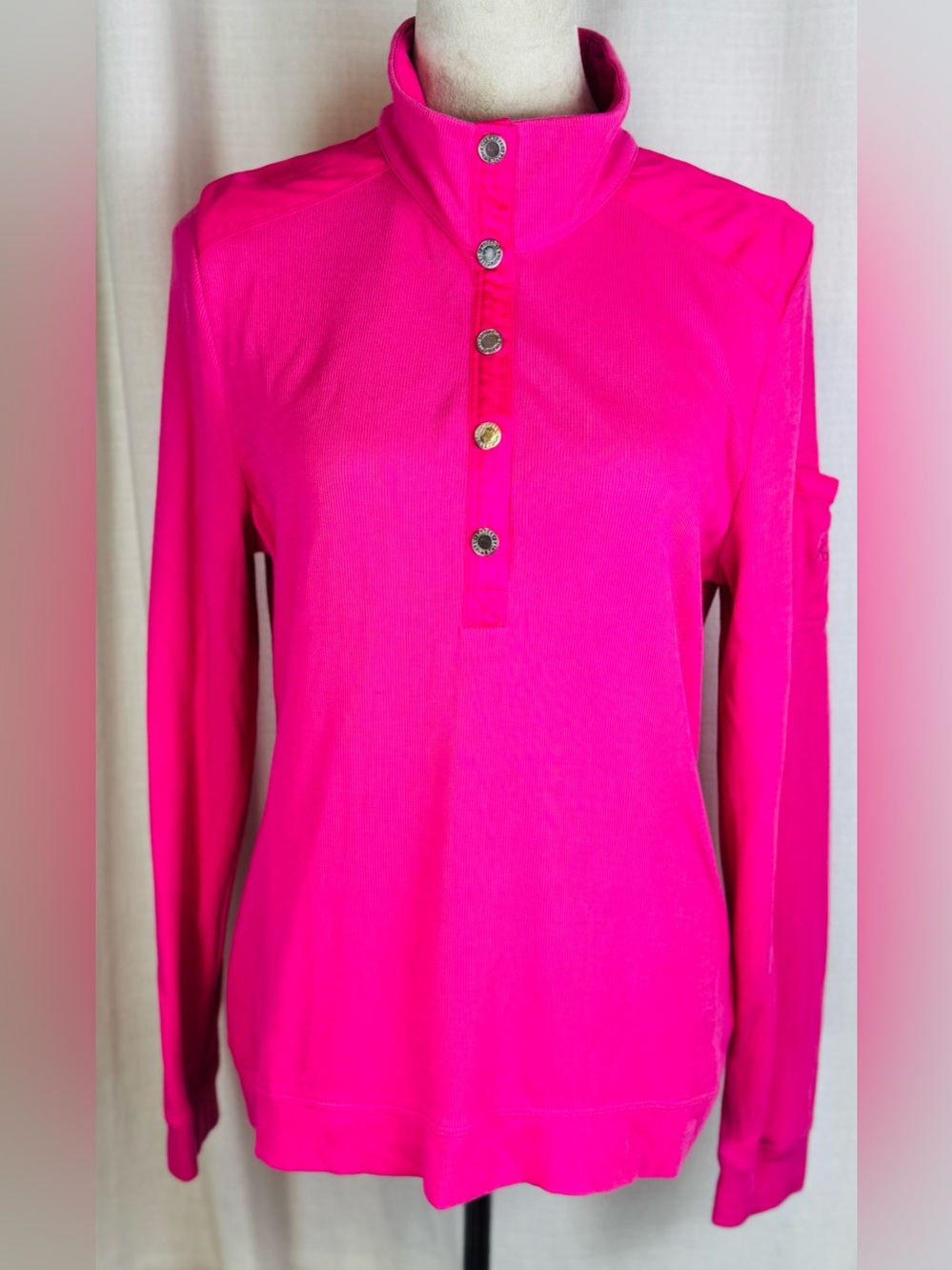 Lauren Ralph Lauren Womens Large Pink Ribbed Snap Mock Neck Pullover Sweatshirt